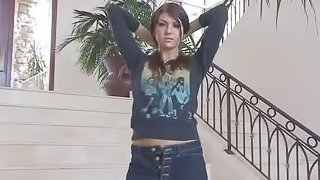 Cassy's masturbating this time on the stairs with huge dildo