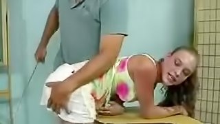 Curly brunette student gets punished by her teacher