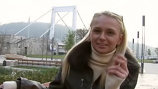 Hot blonde Ivana Sugar gives an interview in the street