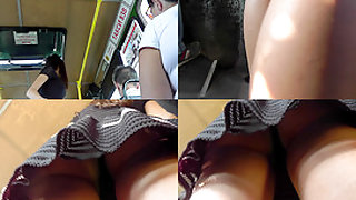 Thong upskirt shot of a slim chick in the bus