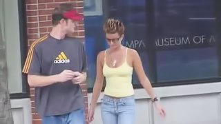 Short-haired gal takes off the jeans and receives the masturbation