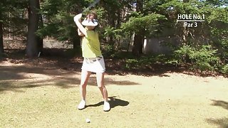 Golf whore gets teased and creamed by two guys