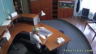Lesbian blonde nurse licking patient on the desk