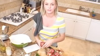 Dirty talk with solo pornstar in reality story in kitchen